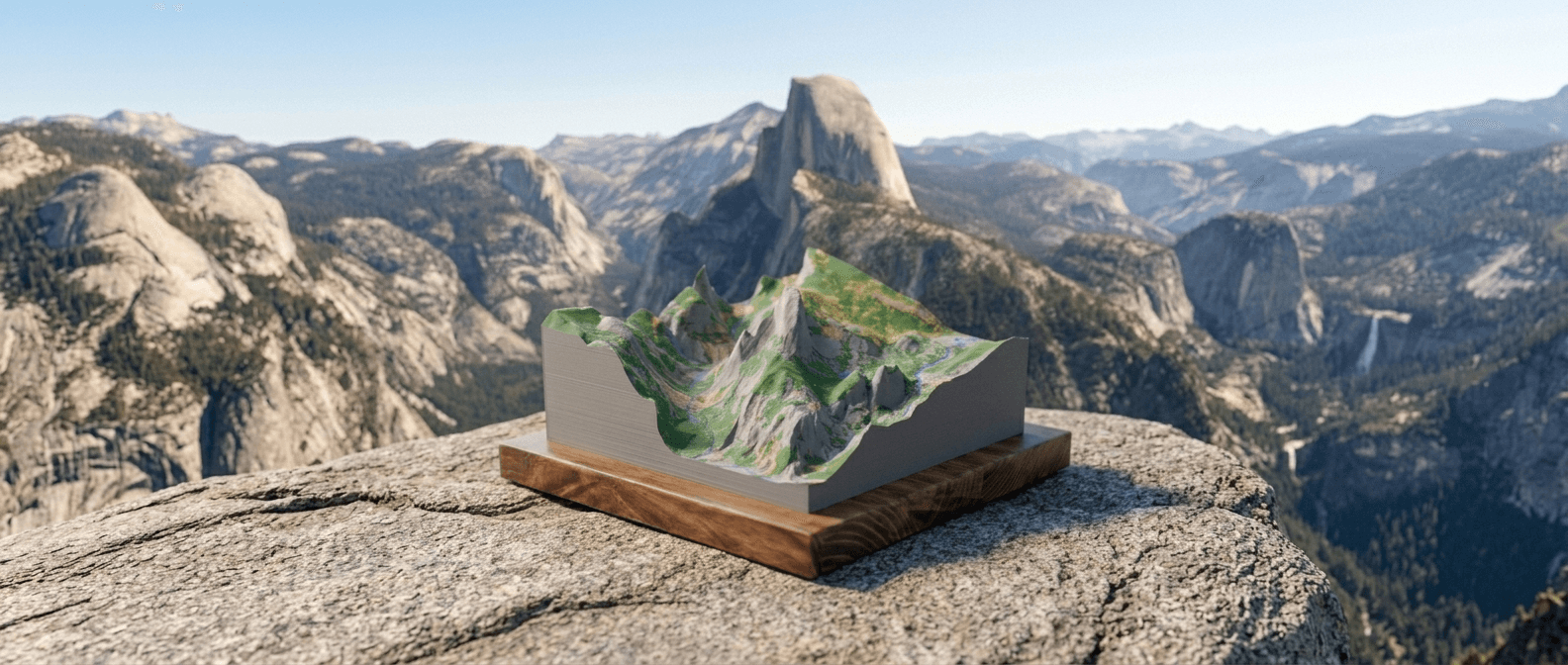 A Terrain3D relief model of Half Dome resting on a granite overlook above Yosemite Valley, with the real Half Dome visible in the background